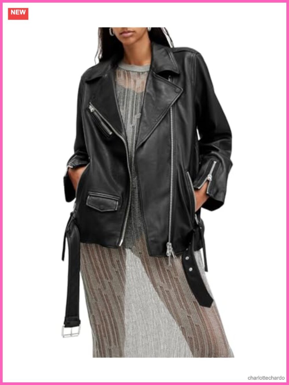 Relaxed Fit 100% Leather Moto Biker Jacket Long Sleeve Zip Pockets